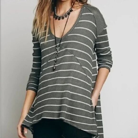 Free People Sunset Park Drippy Waffle Knit Striped Thermal Tunic Top, Size XS - Picture 1 of 8